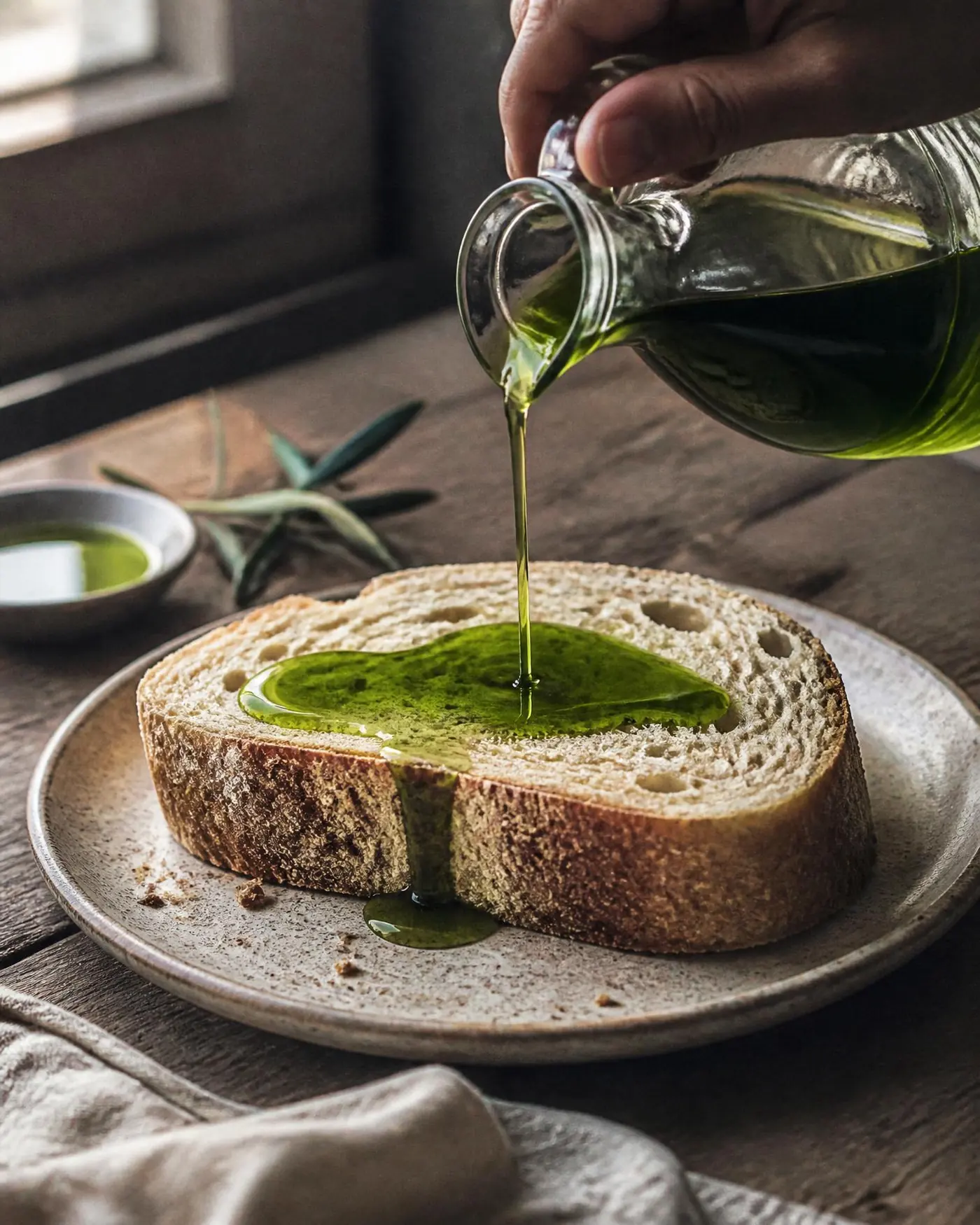Huile d'olive de première récolte vert émeraude versée sur du pain rustique