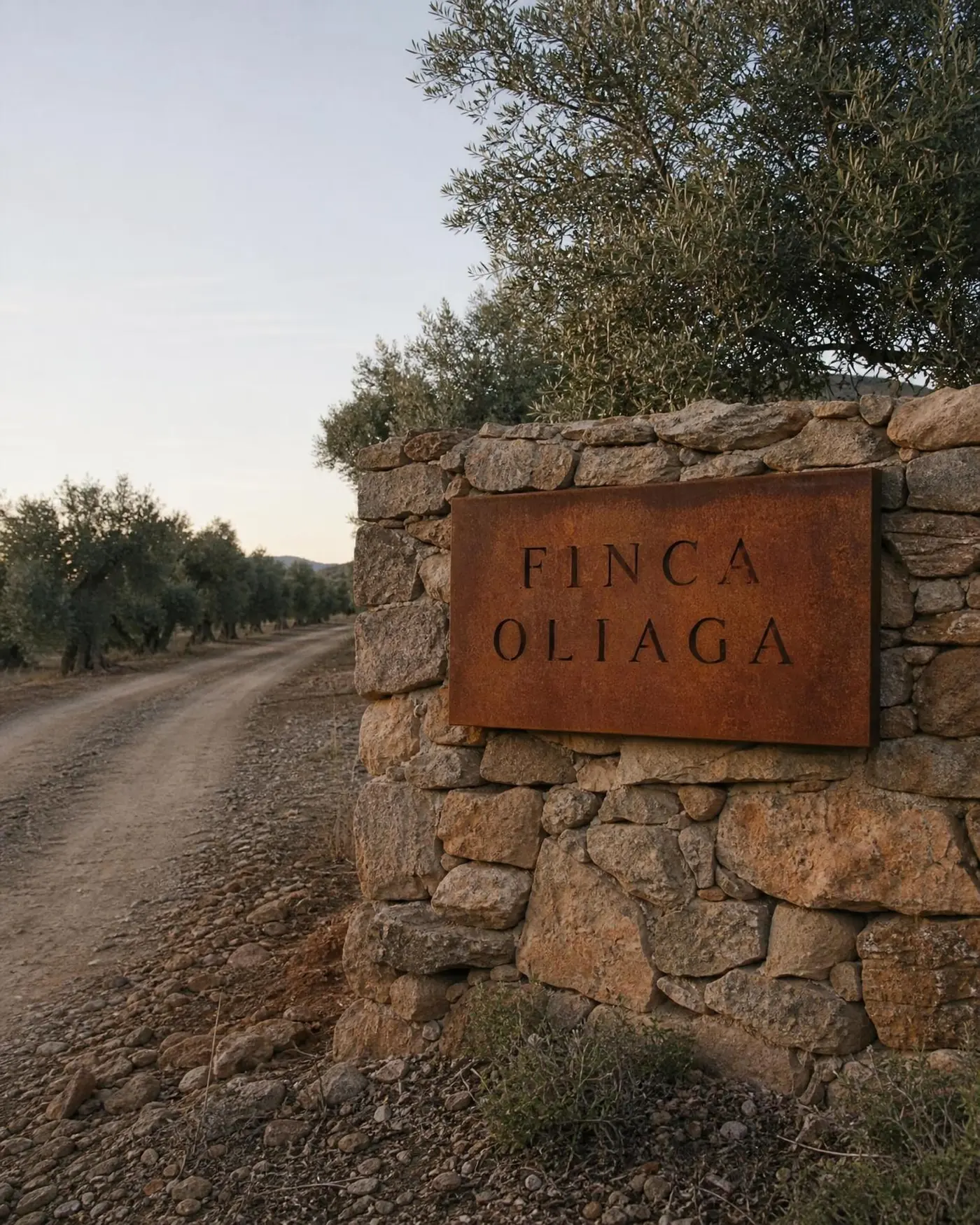 Le panneau d'entrée en acier corten de la Finca Oliaga parmi les oliviers