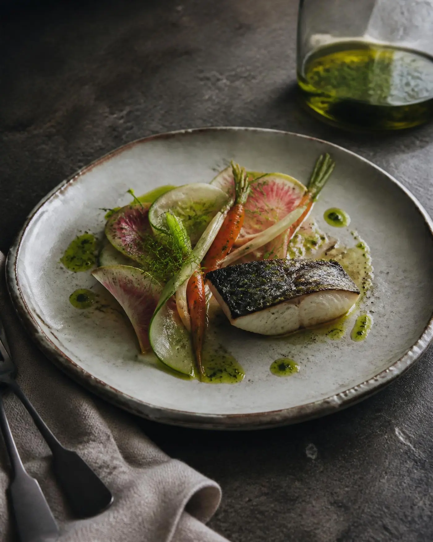 Assiette gastronomique finie à l'huile d'olive Oliaga