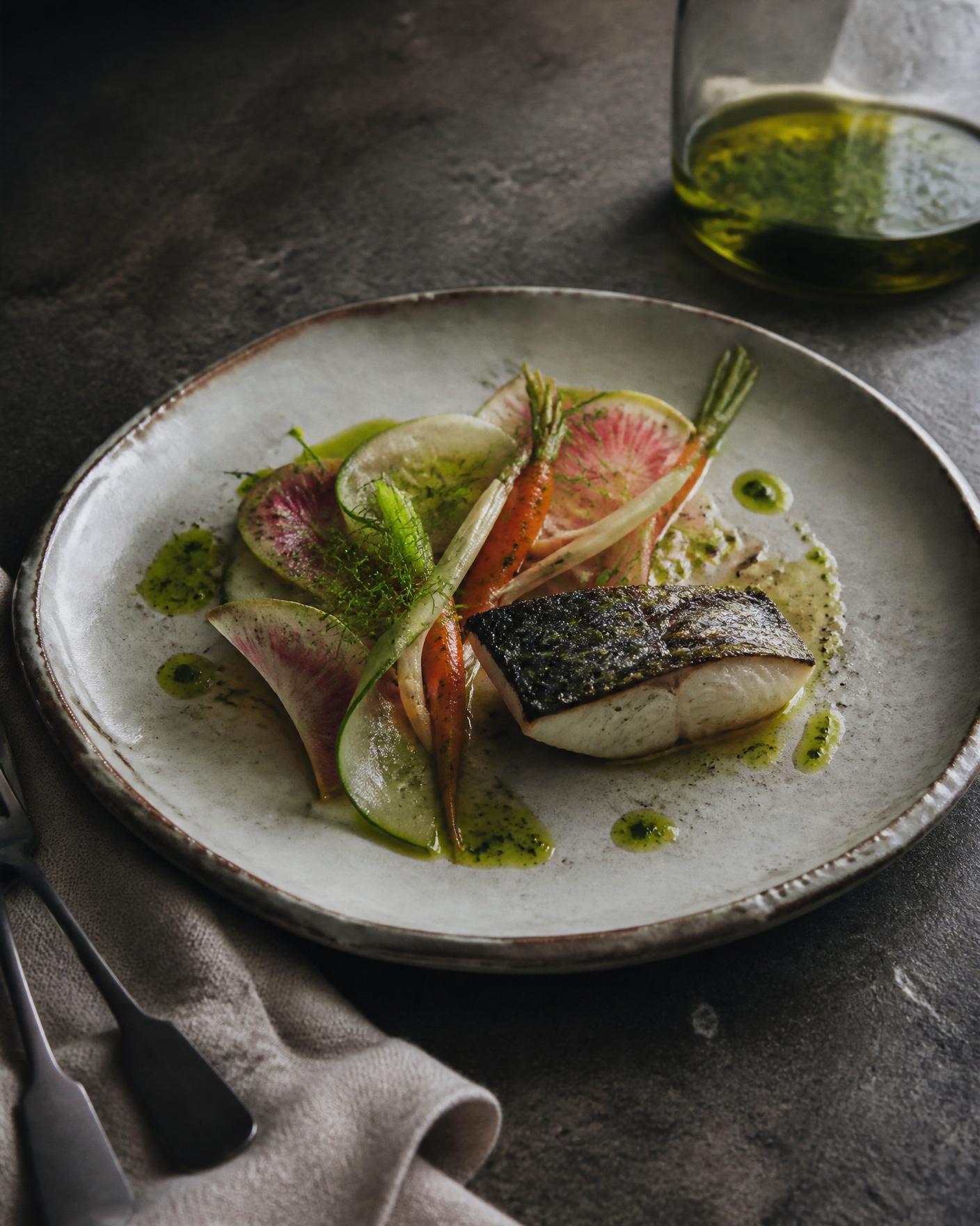 Assiette gastronomique finie à l'huile d'olive Oliaga